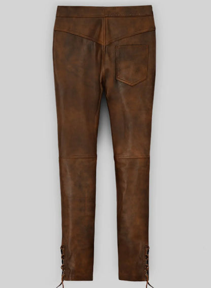brown genuine leather pants women slim fit lace up real leather trousers