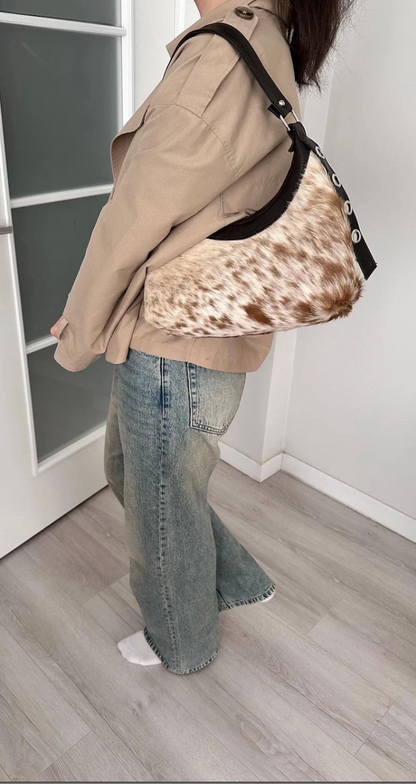 brown white cowhide shoulder bag daily wear