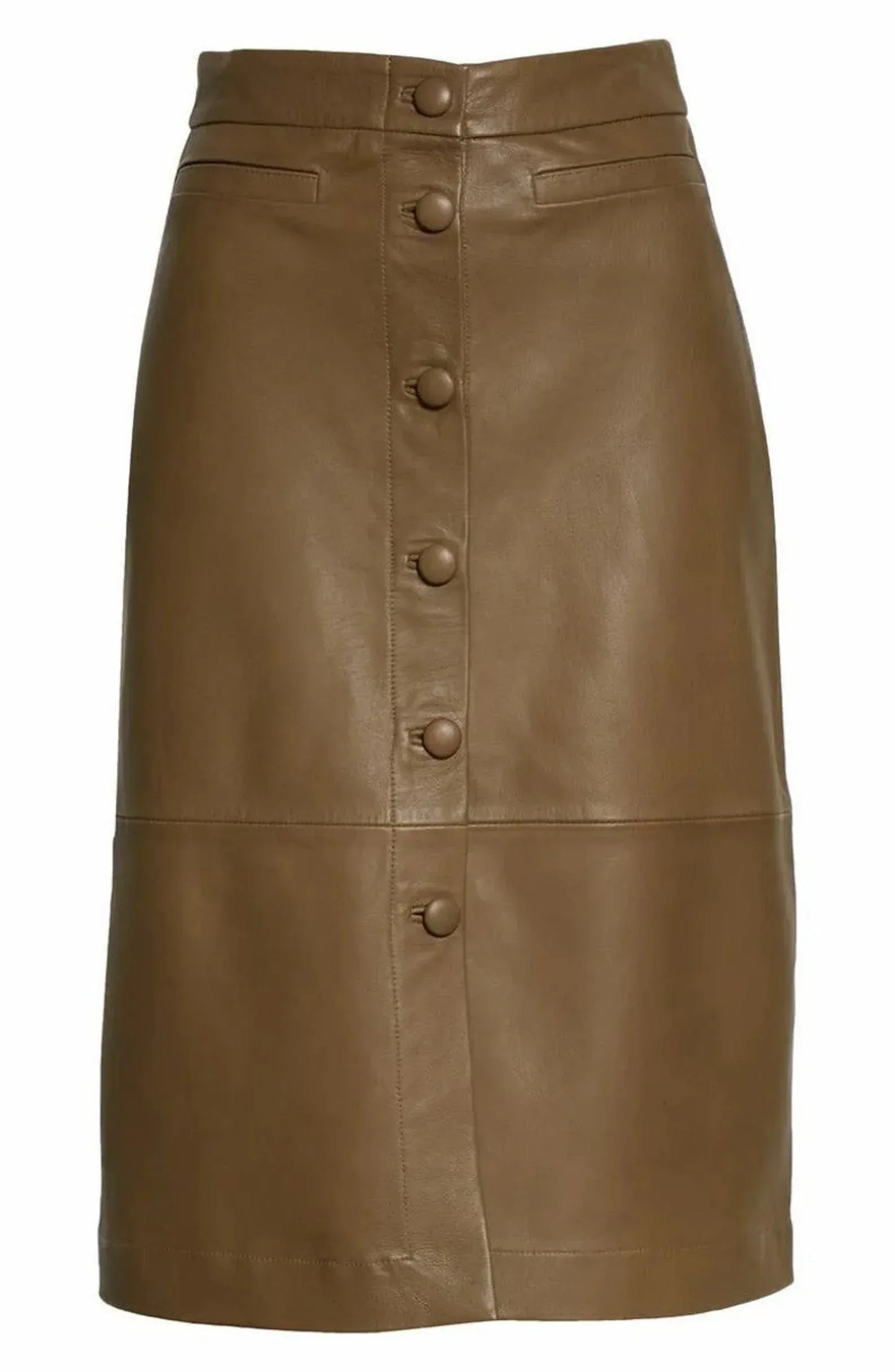 Brown Leather Skirt with Buttons – Knee Length for Women