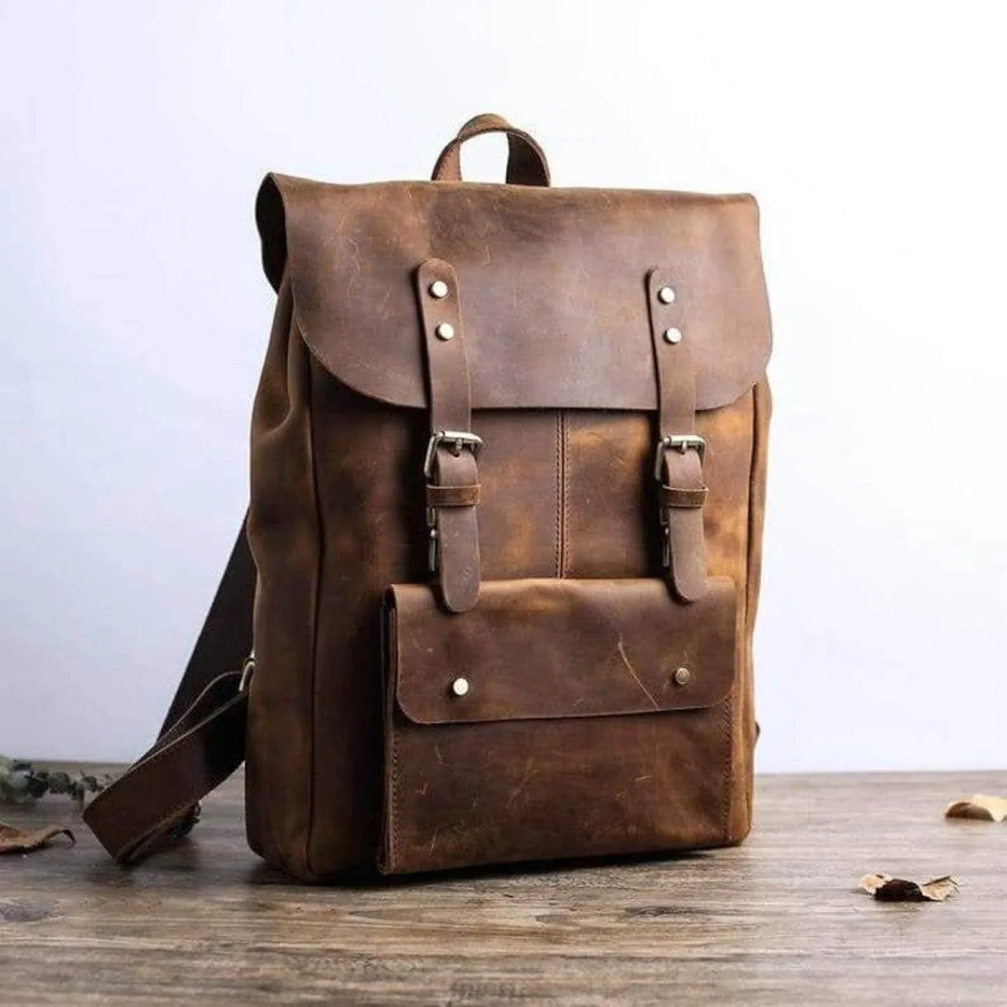 Brown cowhide leather backpack rucksack laptop travel Dark Brown