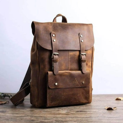 Brown cowhide leather backpack rucksack laptop travel Dark Brown