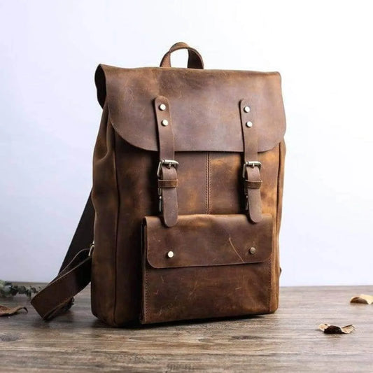 Brown cowhide leather backpack rucksack laptop travel Dark Brown