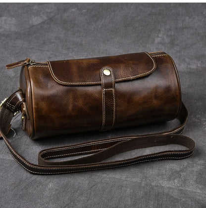 Small Barrel Duffel Bag in Brown Genuine Leather for Men