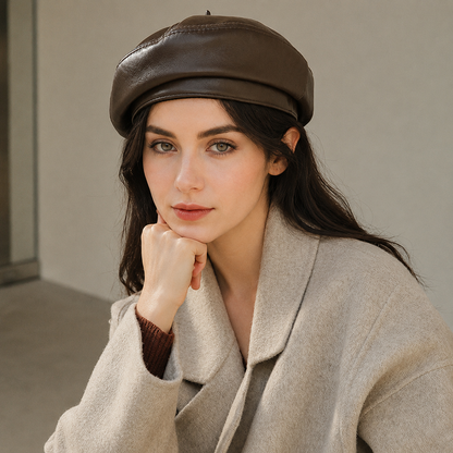 Brown leather beanie for women genuine leather hat