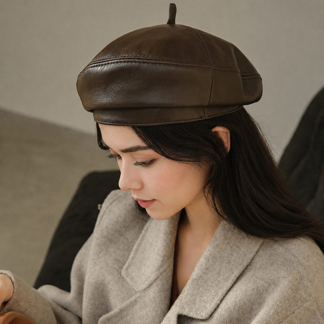 Brown leather beanie for women genuine leather hat