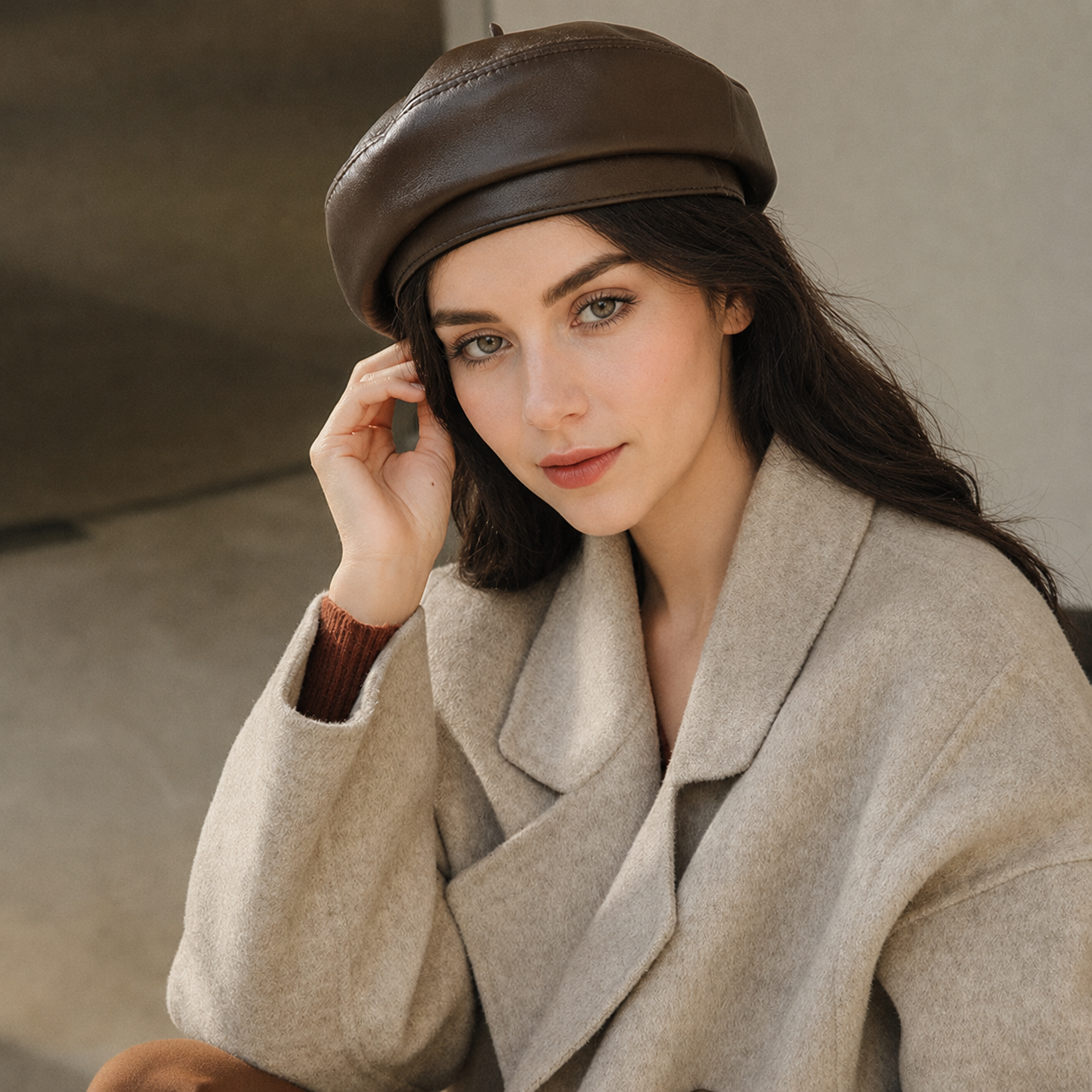 Brown leather beanie for women genuine leather hat