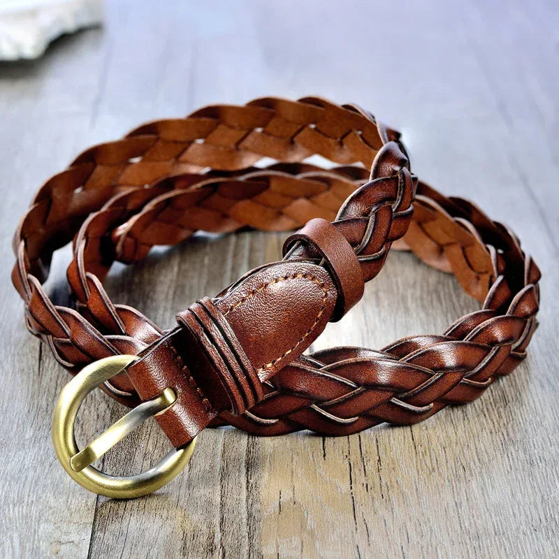 Slim Brown Braided Leather Belt for Women