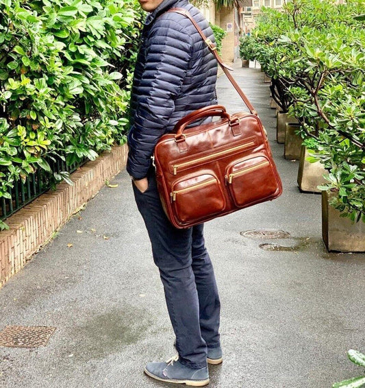 Leather Briefcase in Brown with Laptop Sleeve and Shoulder Strap