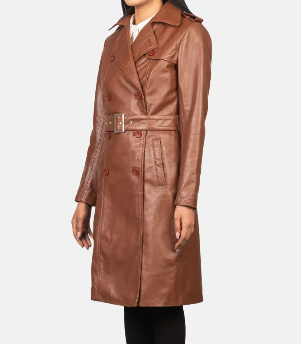 Brown Leather Trench Coat Womens Long Double Breasted Coat