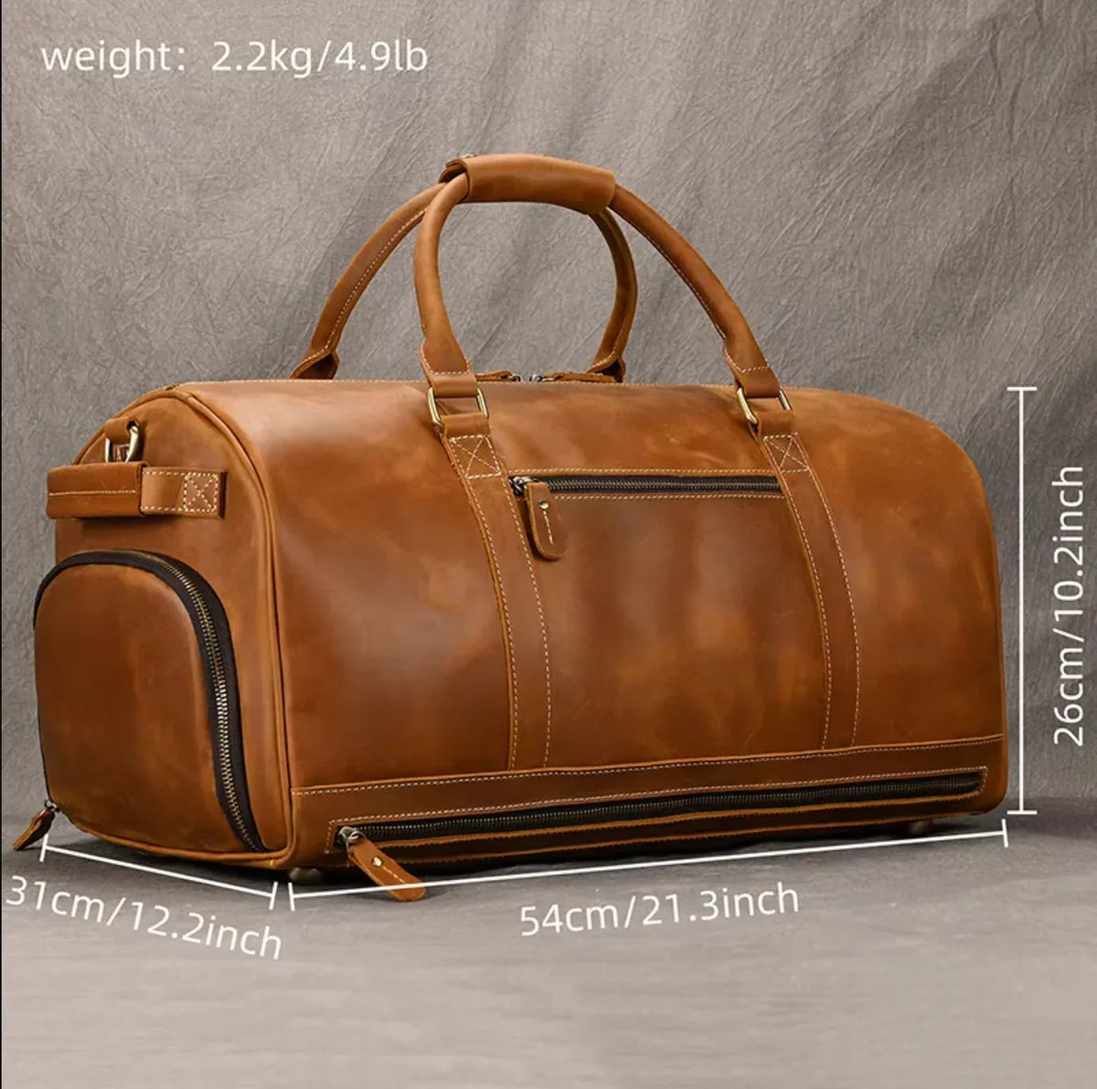 Brown Leather Duffle Bag with Shoe Compartment