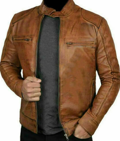 Mens Brown Leather Racer Jacket Slim Fit
