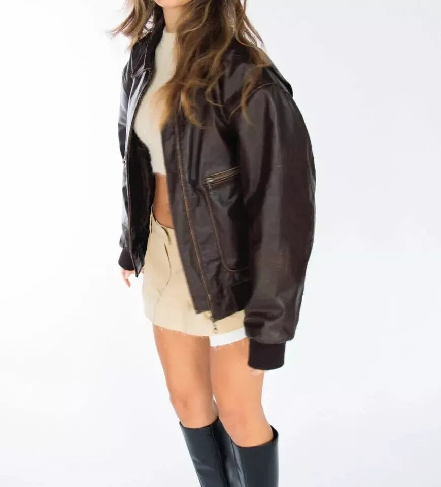 Oversized Brown Leather Jacket for Women