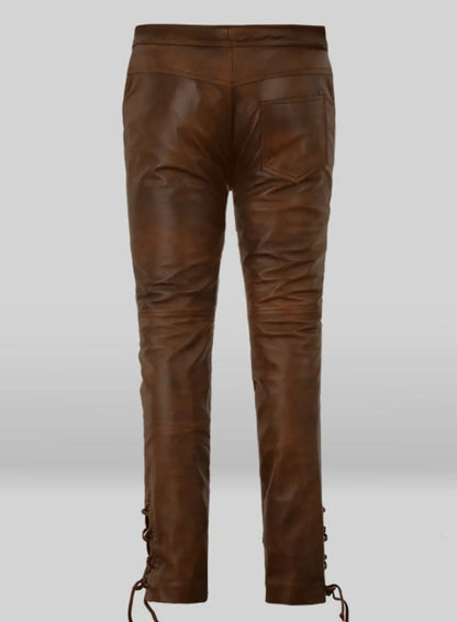 brown genuine leather pants women slim fit lace up real leather trousers