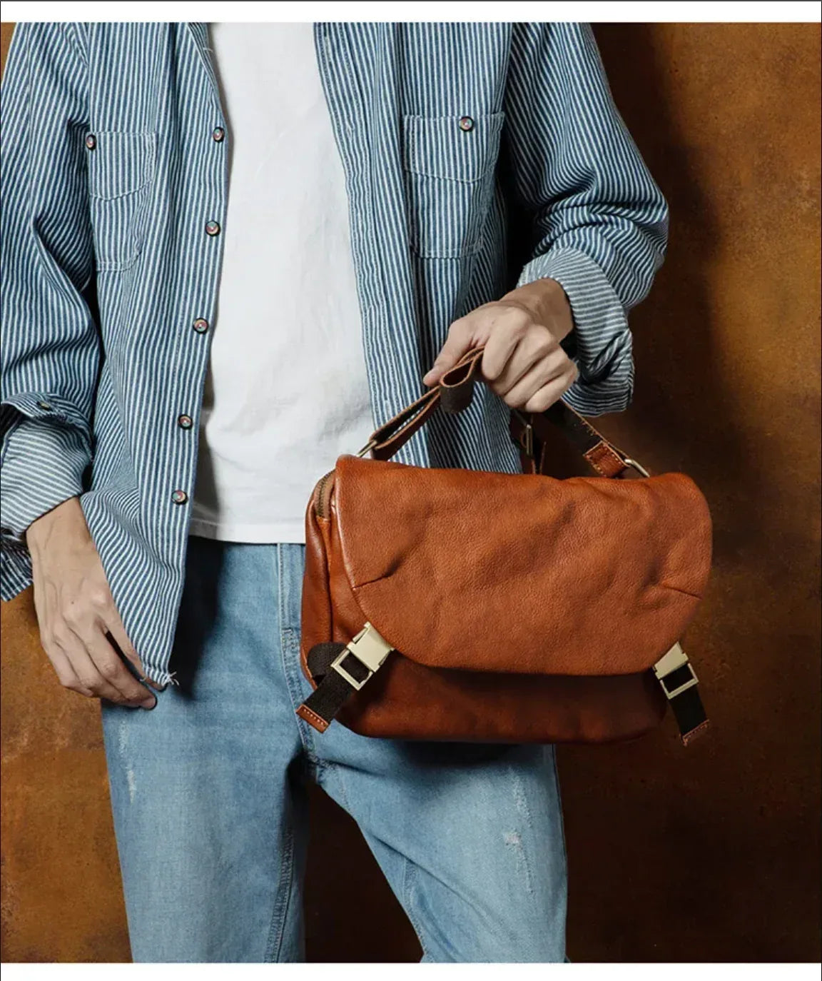 Men’s Leather Messenger Shoulder Bag Small Brown Crossbody for Travel