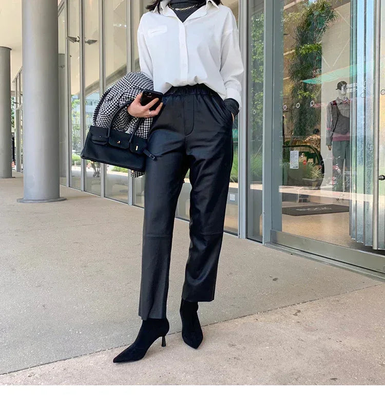 Women Brown Leather Pants Elastic Waist Black S