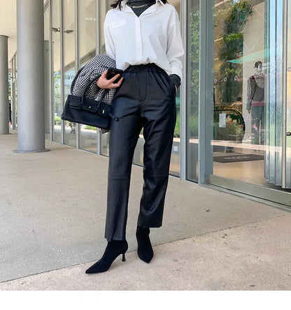 Women Brown Leather Pants Elastic Waist Black S