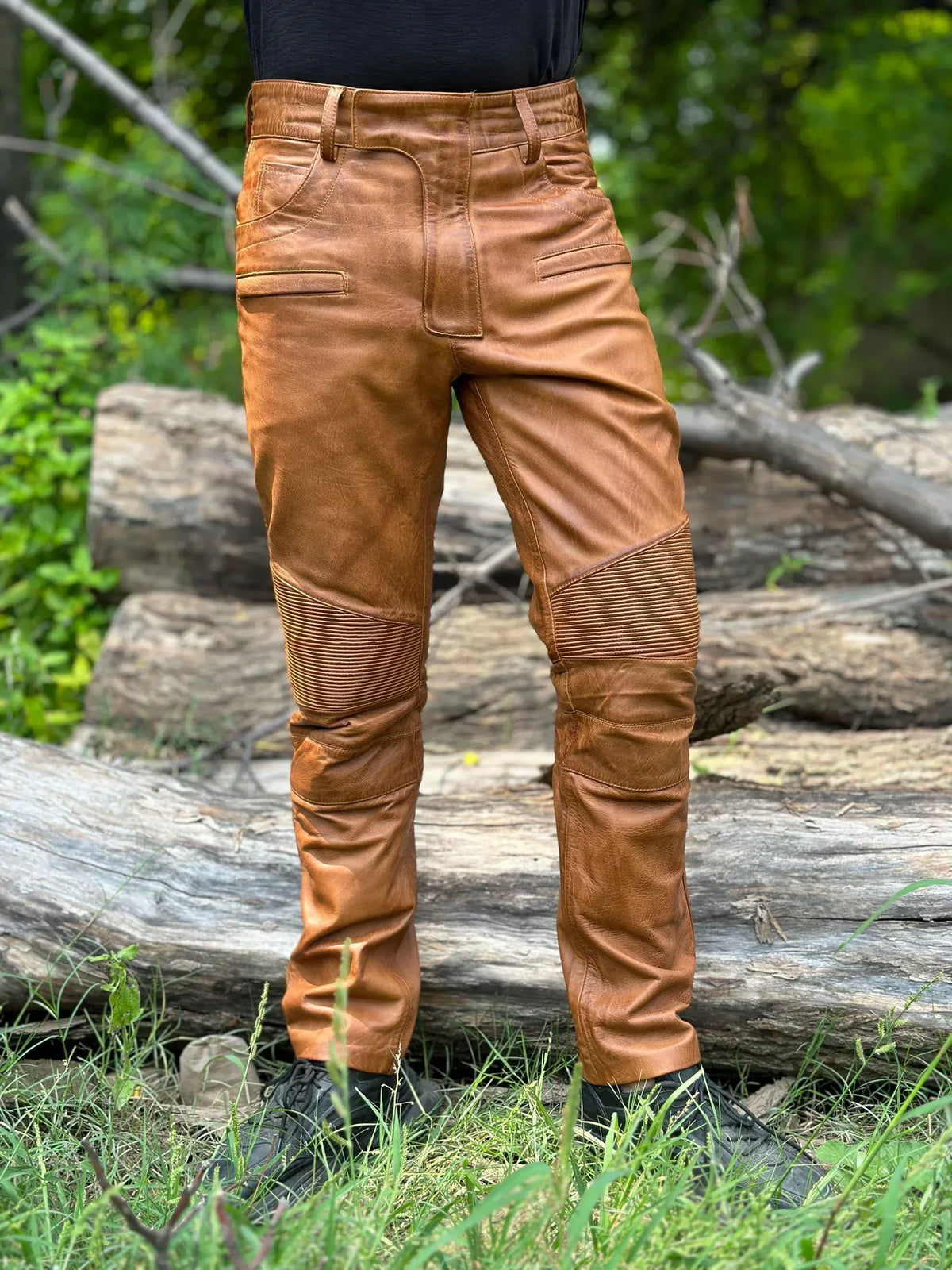 Brown Leather Pants for Men in Genuine Sheepskin with Ribbed Knees