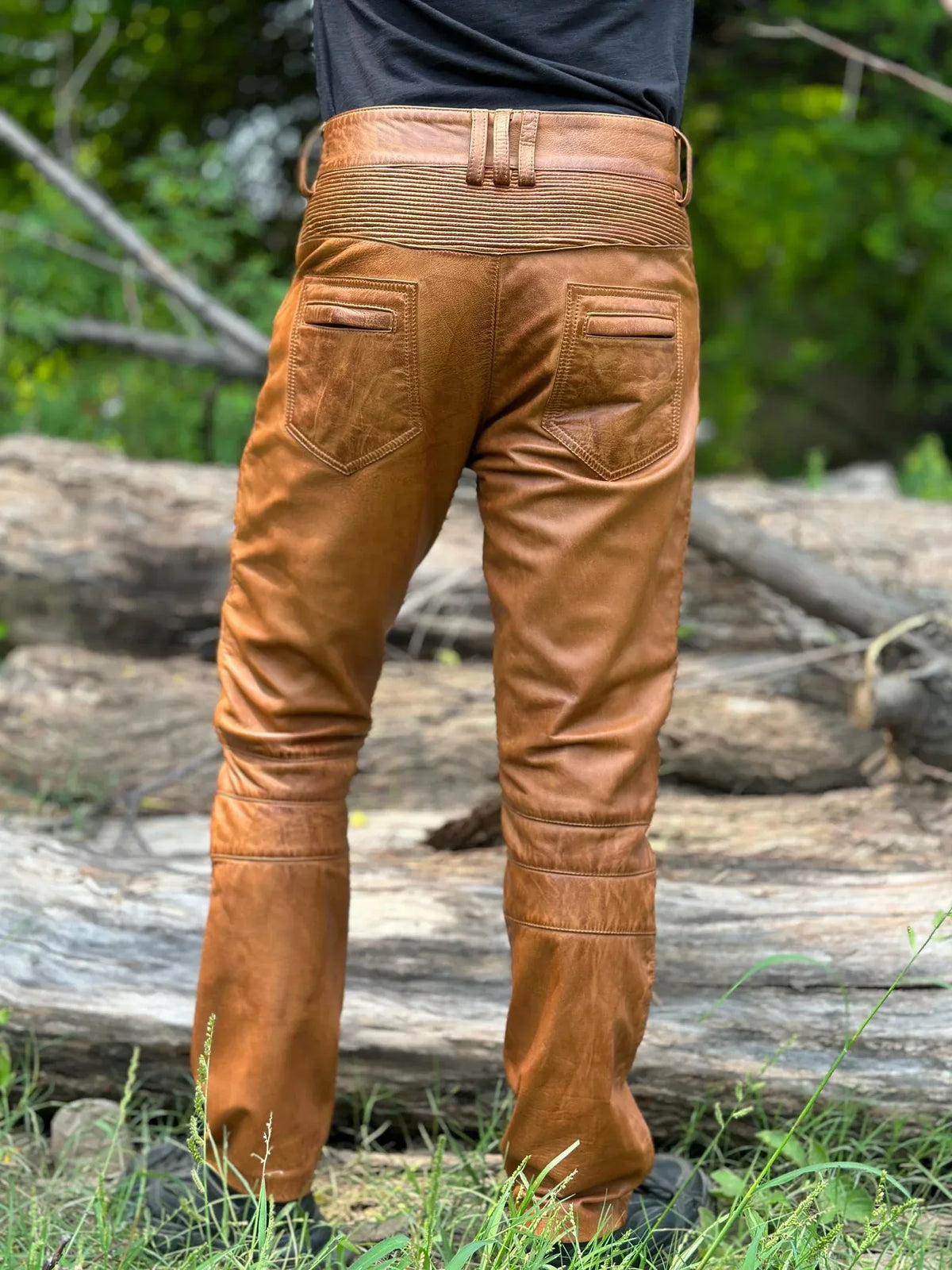 Brown Leather Pants for Men in Genuine Sheepskin with Ribbed Knees