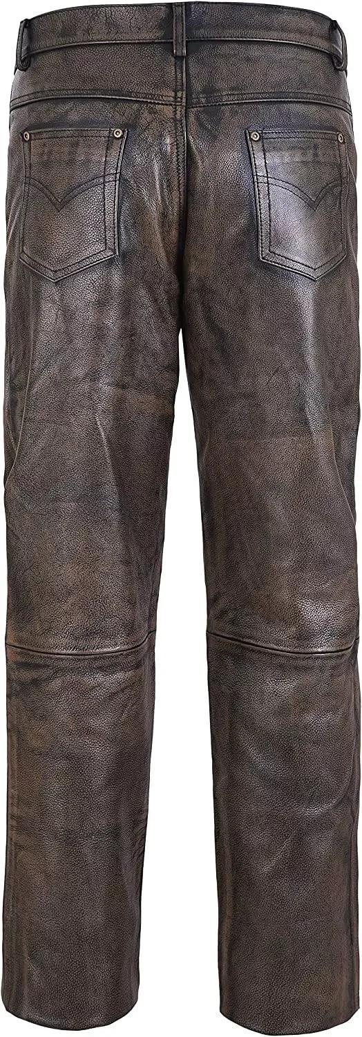 Distressed Brown Leather Pants Men Real Leather Trousers