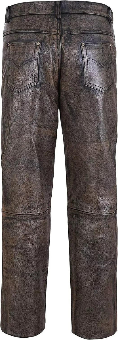 Distressed Brown Leather Pants Men Real Leather Trousers