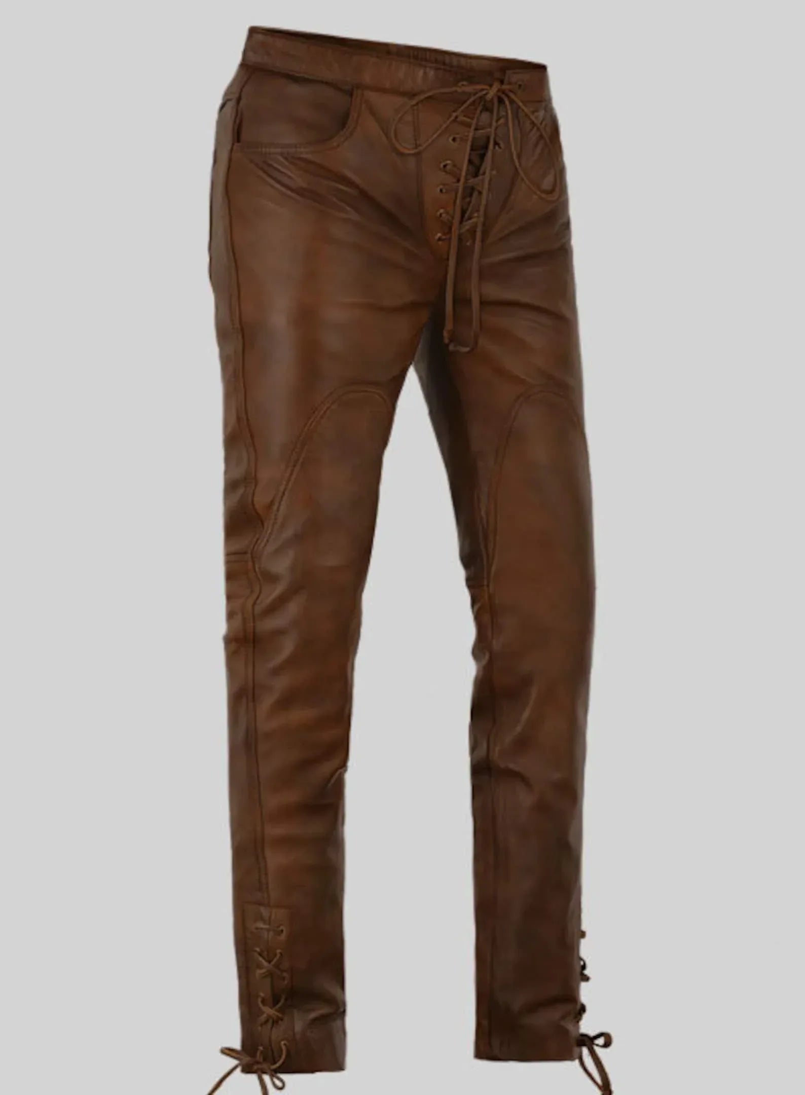 brown genuine leather pants women slim fit lace up real leather trousers