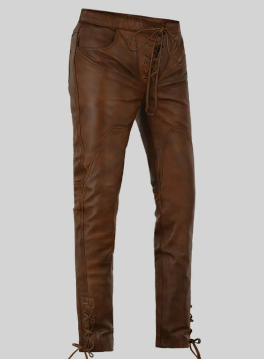 brown leather pants women with slim fit lace up design and real leather texture for bold styling  
