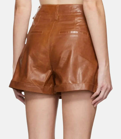 High Waist Genuine Leather Shorts for Women in Brown Soft Fit