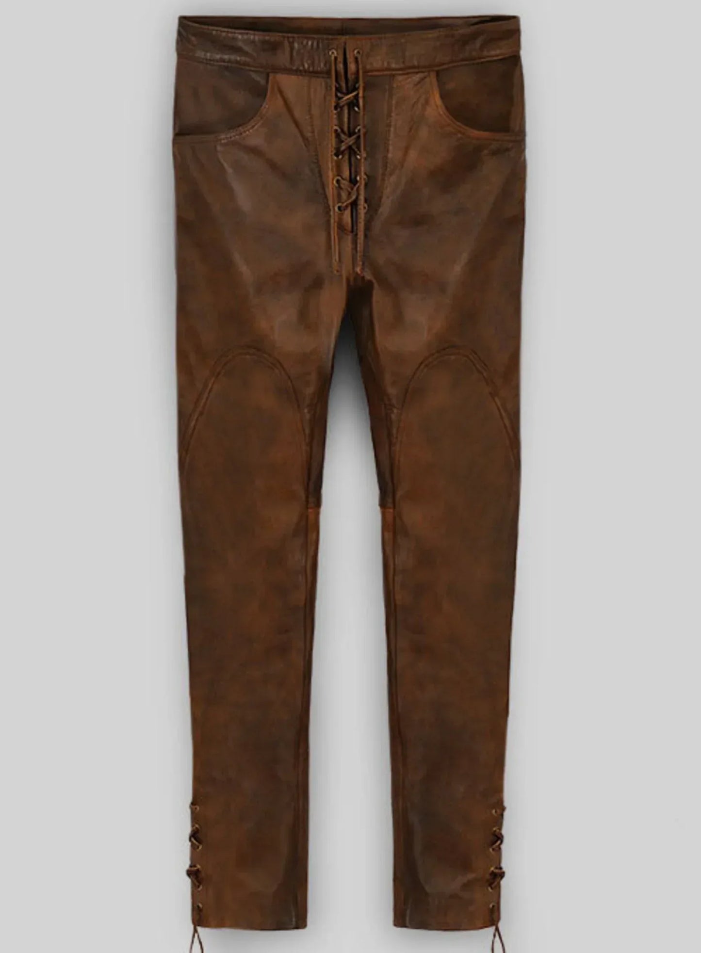 brown genuine leather pants women slim fit lace up real leather trousers