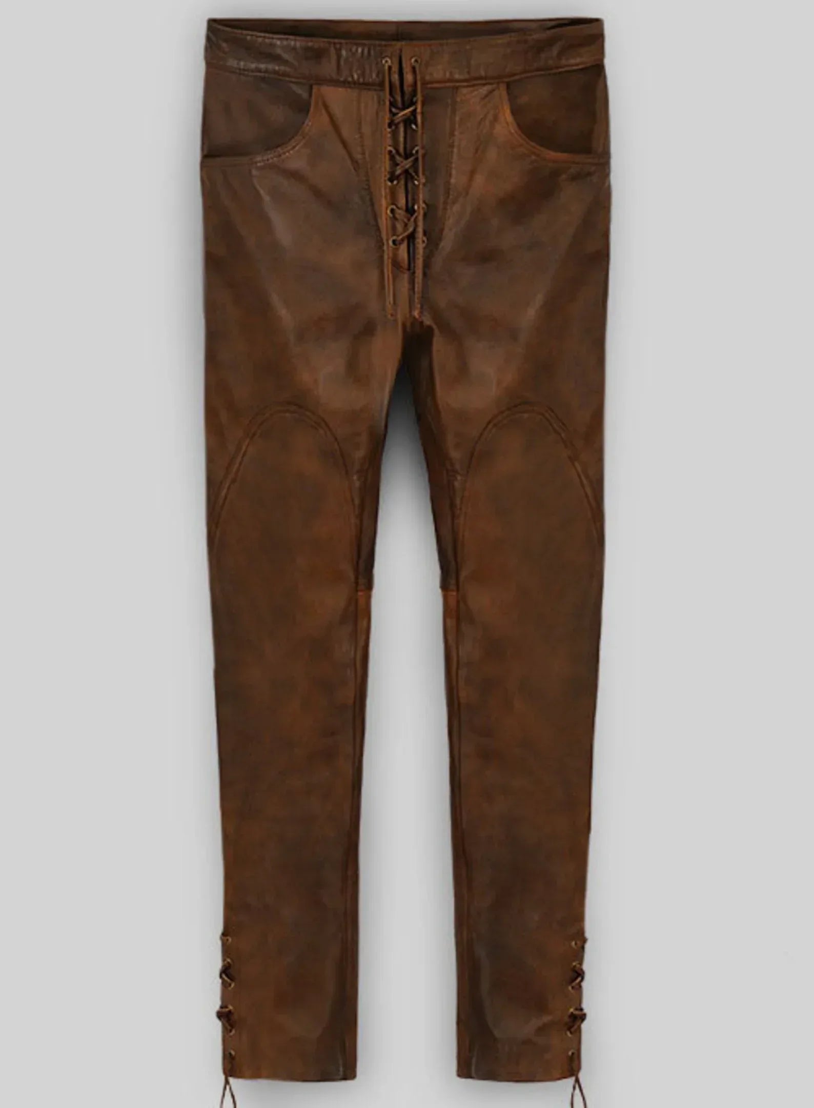 brown genuine leather pants women slim fit lace up real leather trousers