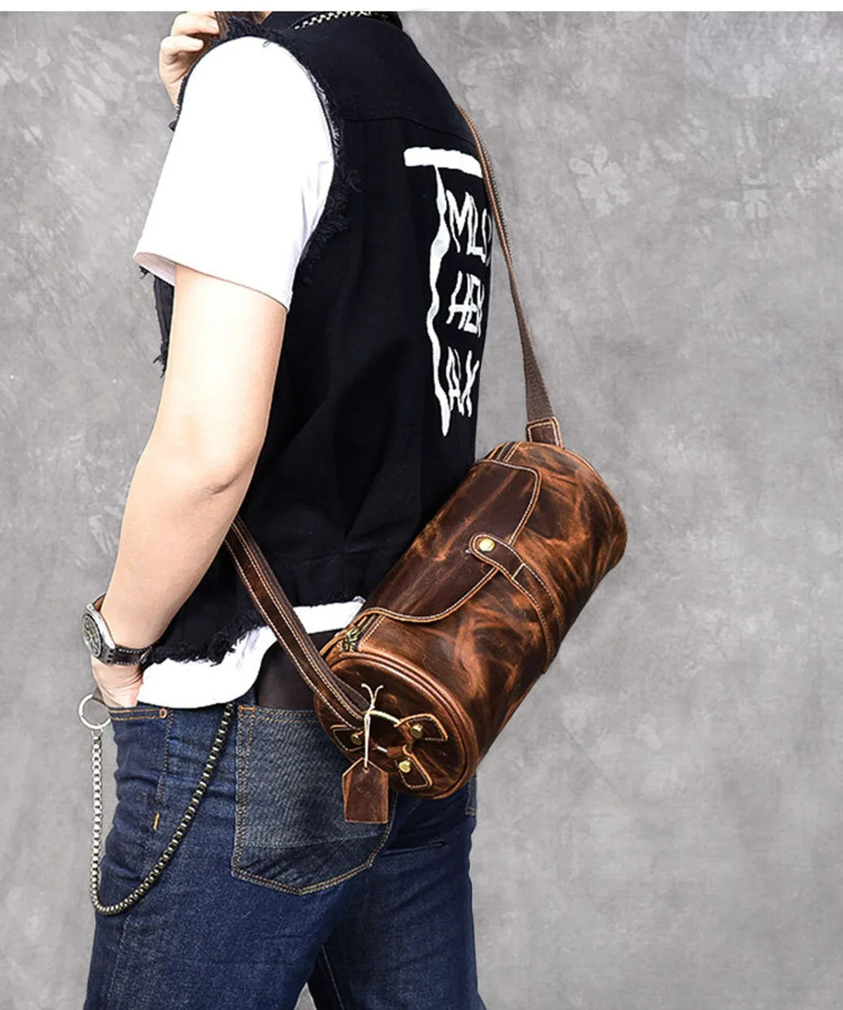 Small Barrel Duffel Bag in Brown Genuine Leather for Men