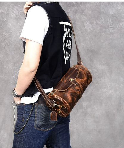 Small Barrel Duffel Bag in Brown Genuine Leather for Men