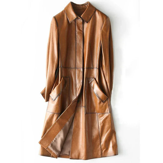 Brown Leather Trench Coat Womens Long Genuine Overcoat