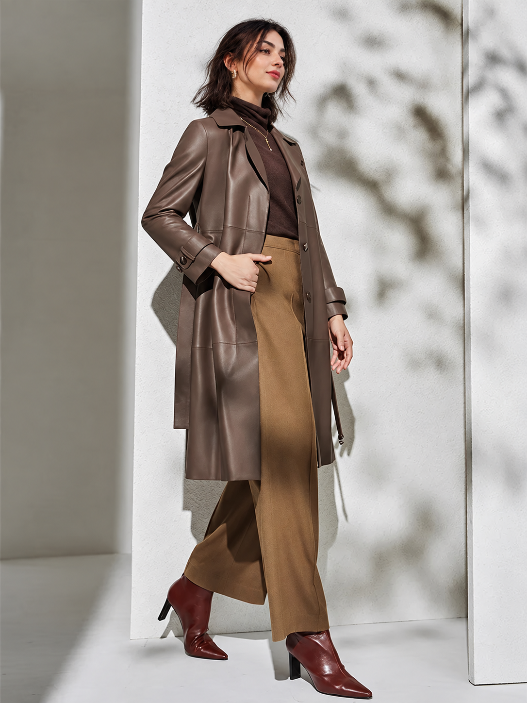 Women’s Leather Trench Coat in Brown Sheepskin with Tie Belt