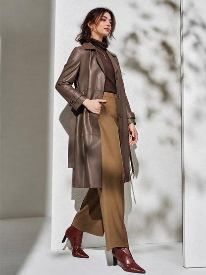 Women’s Leather Trench Coat in Brown Sheepskin with Tie Belt