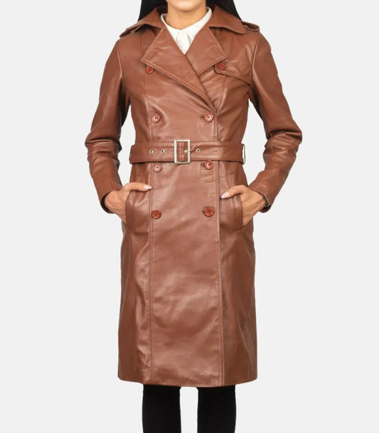 Brown Leather Trench Coat Womens Long Double Breasted Coat