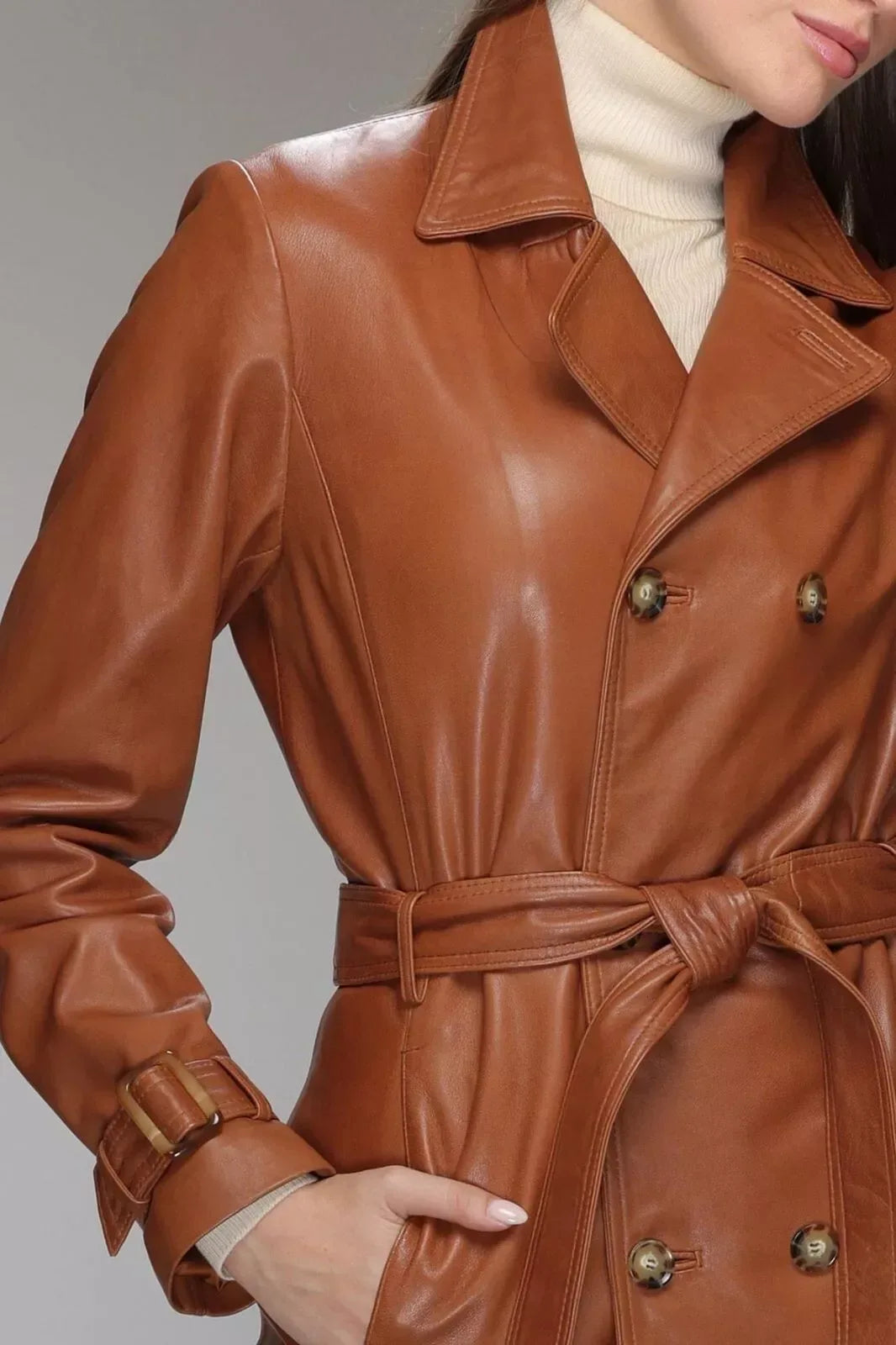 Tan Leather Trench Coat Womens Long Belted Double Breasted