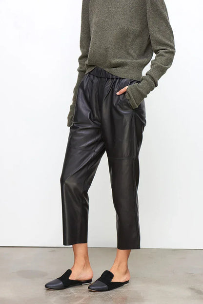 Women Brown Leather Pants Elastic Waist
