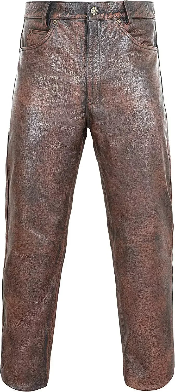 Distressed Brown Leather Pants Men Real Leather Trousers
