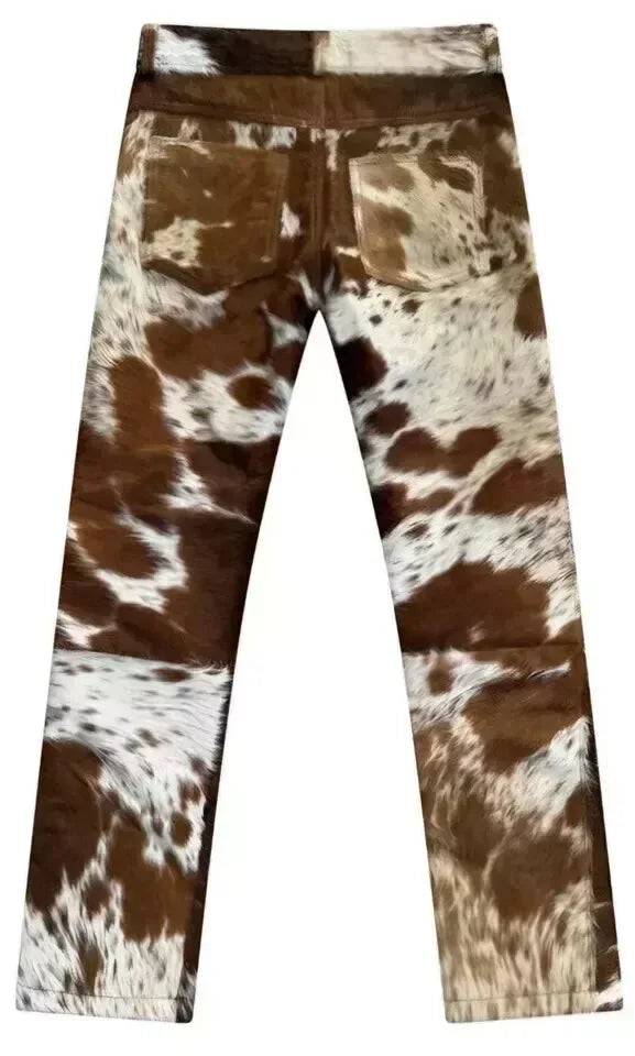 Cow Skin Pants Brown White Real Hide Leather Trousers
