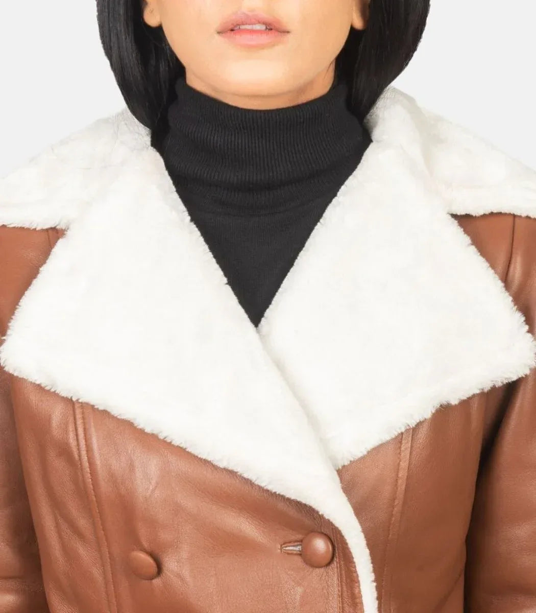 Womens Leather Long Coat Double Breasted Shearling Collar Jacket