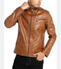 Mens Brown Leather Jacket Tan Coat Stand Collar