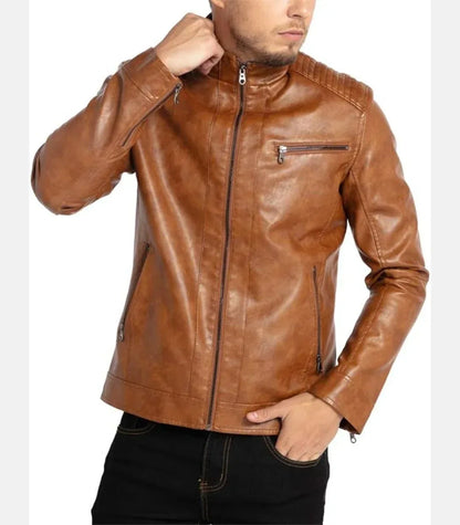 Mens Brown Leather Jacket Tan Coat Stand Collar