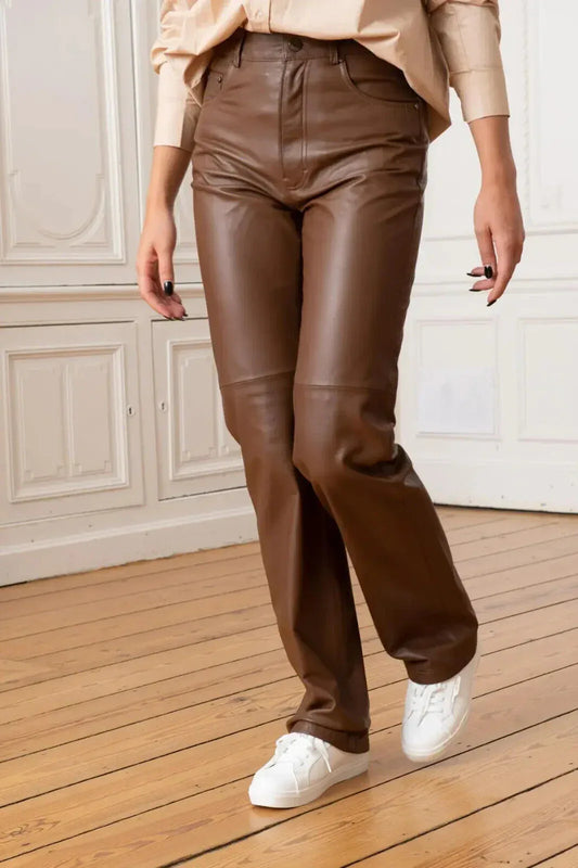 women genuine leather pants brown high waist slim fit lambskin