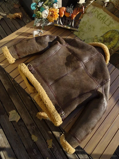 Men's Shearling Bomber Jacket in Brown Sheepskin B-3 Aviator Style