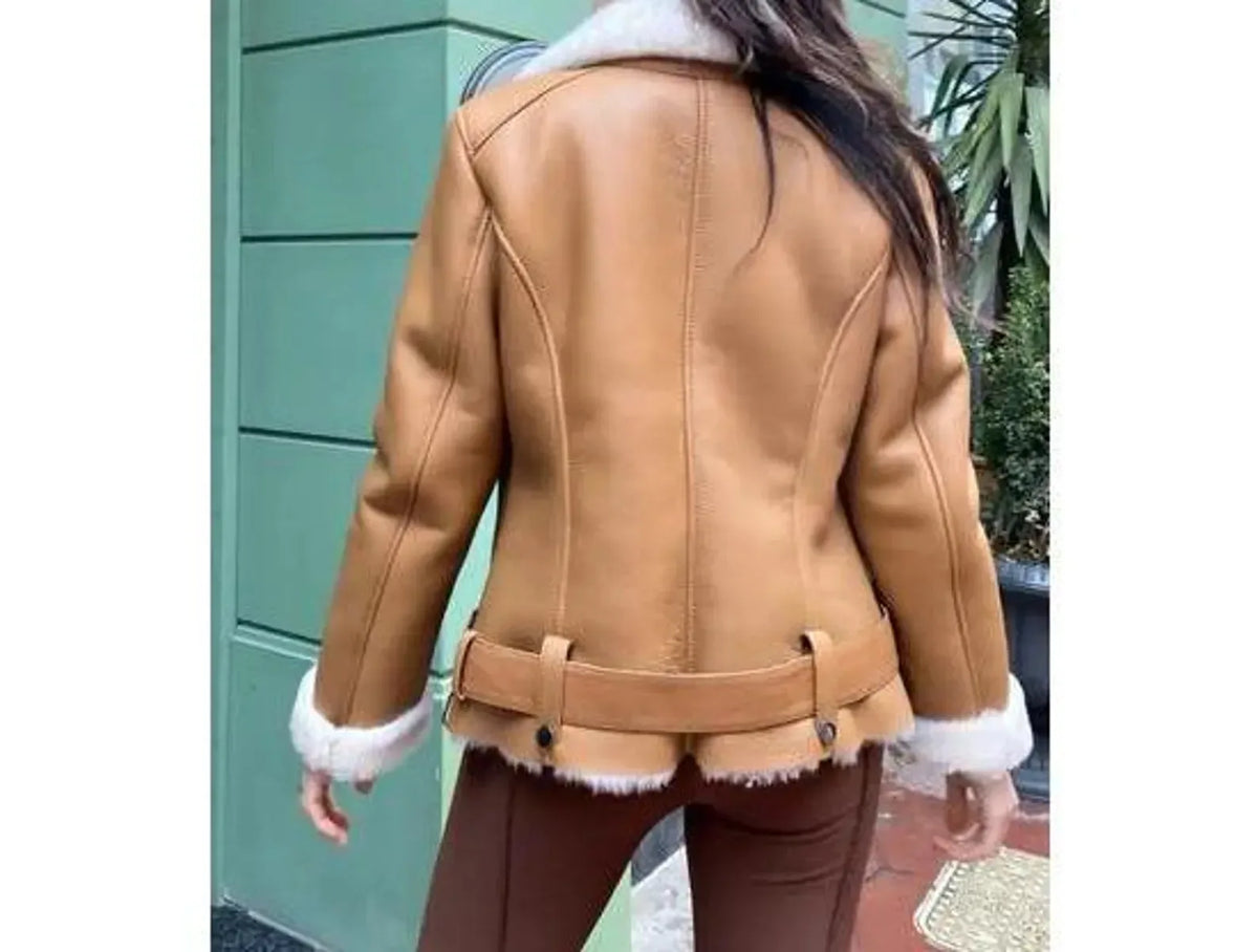 Shearling Leather Jacket for Women in Brown Sheepskin with Belt