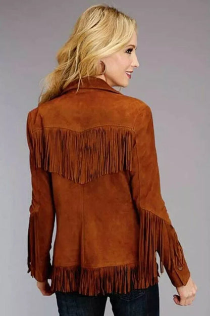 Cowgirl suede jacket women real suede fringe brown jacket