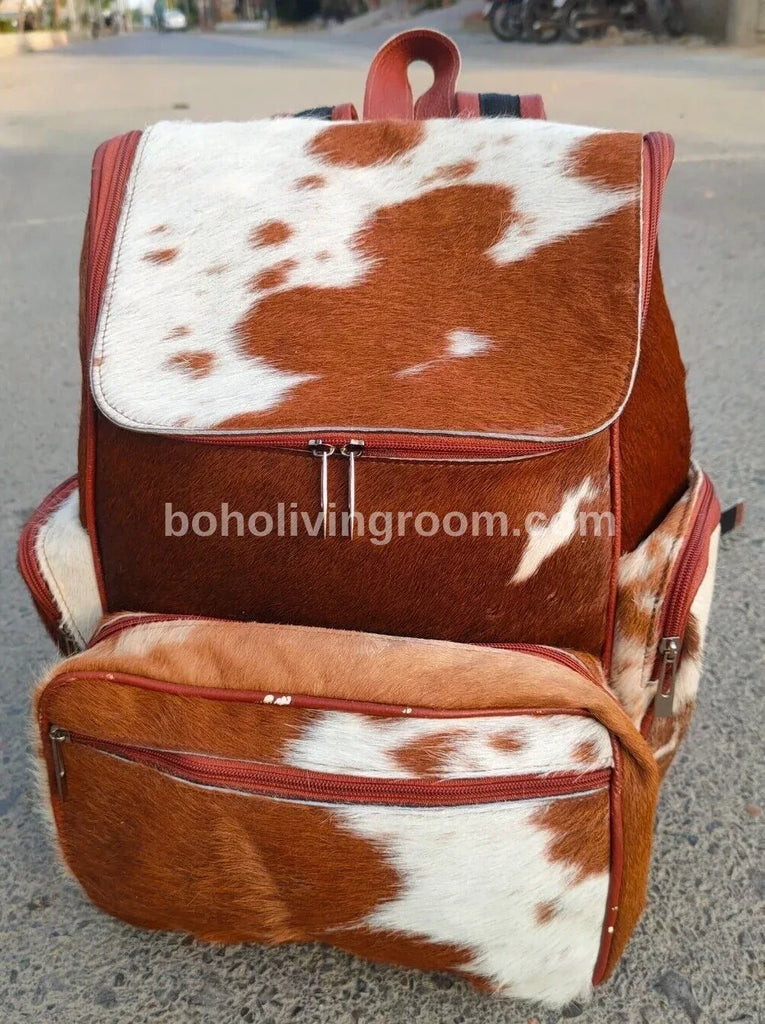 Brown white genuine cowhide backpack