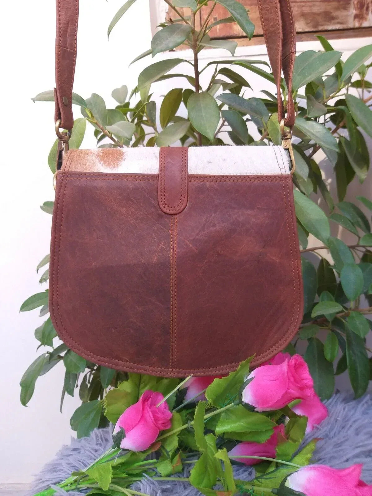 natural cowhide crossbody bag brown white leather purse