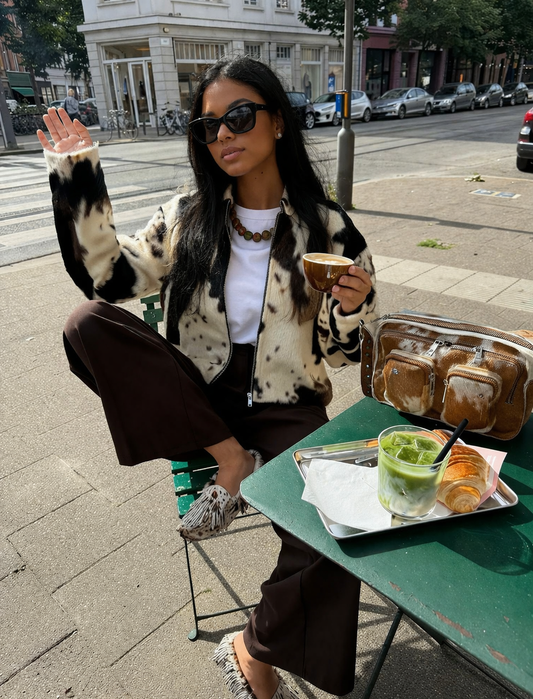 brown white cowhide jacket women western hair on leather