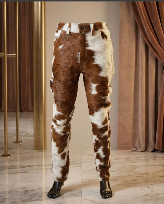 Brown white cowhide pants men western fit